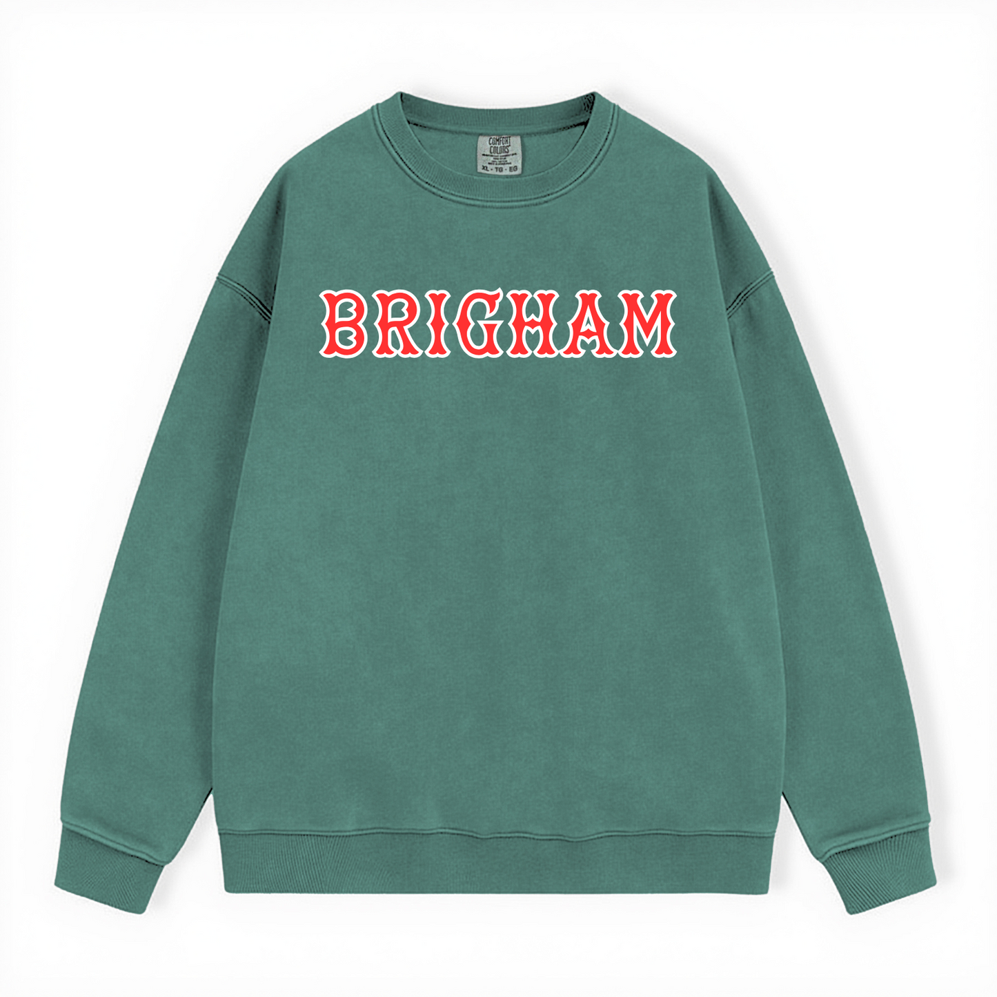 LIGHT GREEN BRIGHAM SOX LETTERS COMFORT COLORS CREWNECK-CLEARANCE