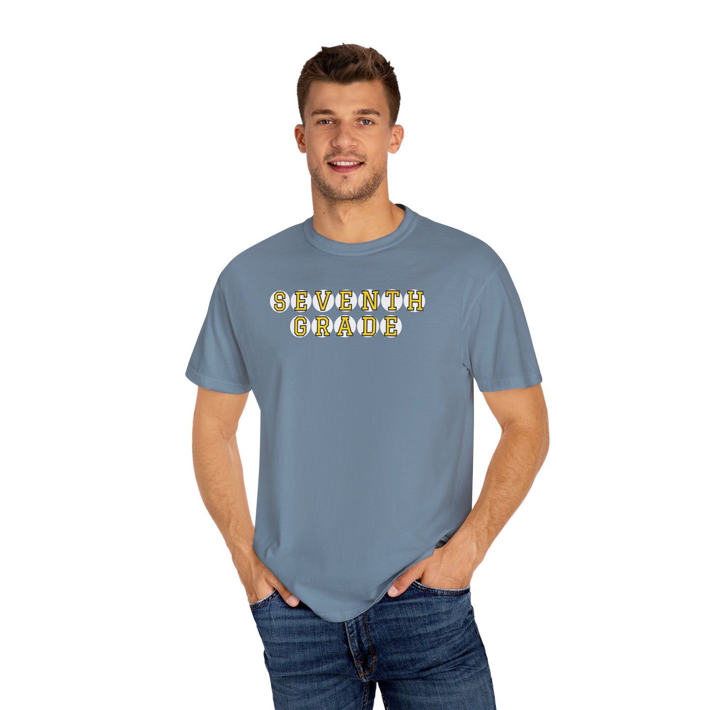 SEVENTH GRADE. YELLOW PLAYER LETTERS T-SHIRT