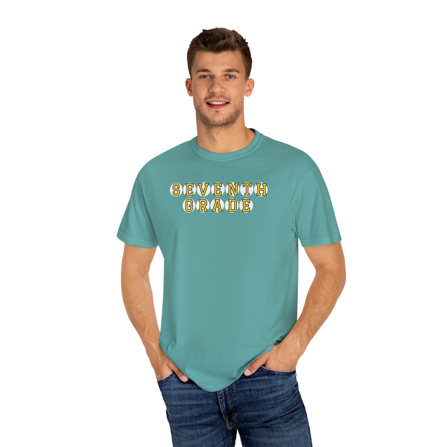 SEVENTH GRADE. YELLOW PLAYER LETTERS T-SHIRT
