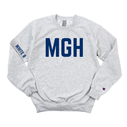 NAVY MGH WHITE 8 CHAMPION CREWNECK