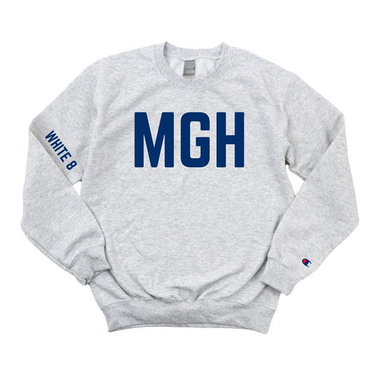 NAVY MGH WHITE 8 CHAMPION CREWNECK