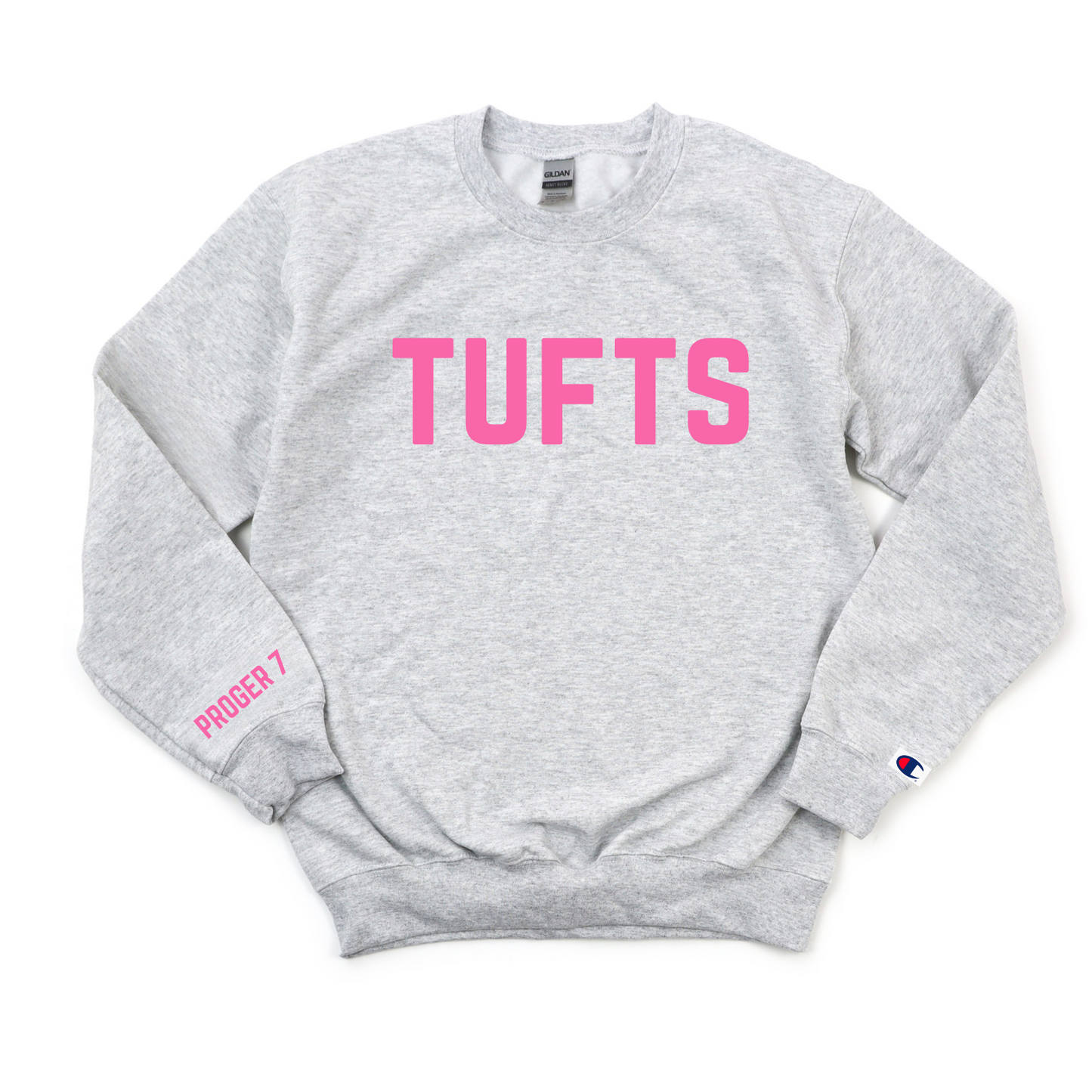 PINK TUFTS PROGER 7 CHAMPION CREWNECK